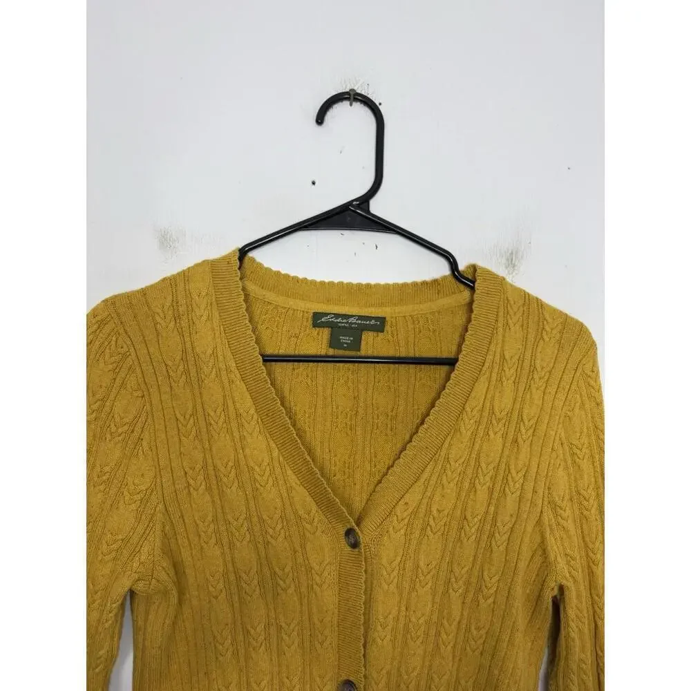 Eddie Bauer Sweater Womens M Cardigan V Neck Mustard Speckled Cableknit Scallop